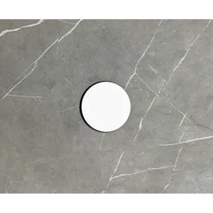 The Felicia Wall Hung Vanity 600mm features a round, white button on a gray, marble-textured surface with visible white veining.