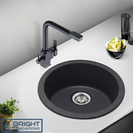 Black Granite Quartz Stone Kitchen/Laundry Sink Round Single Bowl Top/Under Mount 460mm